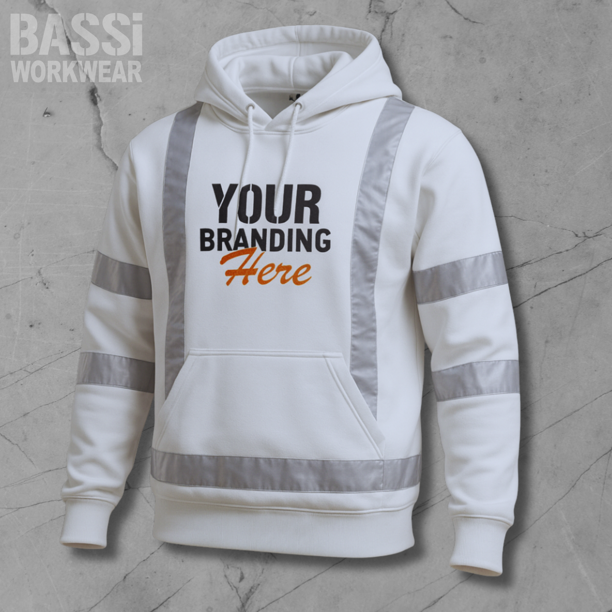 White hoodie with reflective stripes on a gray background, featuring 'BASSI WORKWEAR' branding.