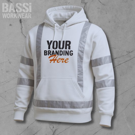 White hoodie with reflective stripes on a gray background, featuring 'BASSI WORKWEAR' branding.